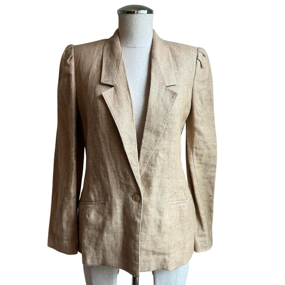Vintage Linen Blazer Puff Shoulder Union Made USA Womens Size 4
